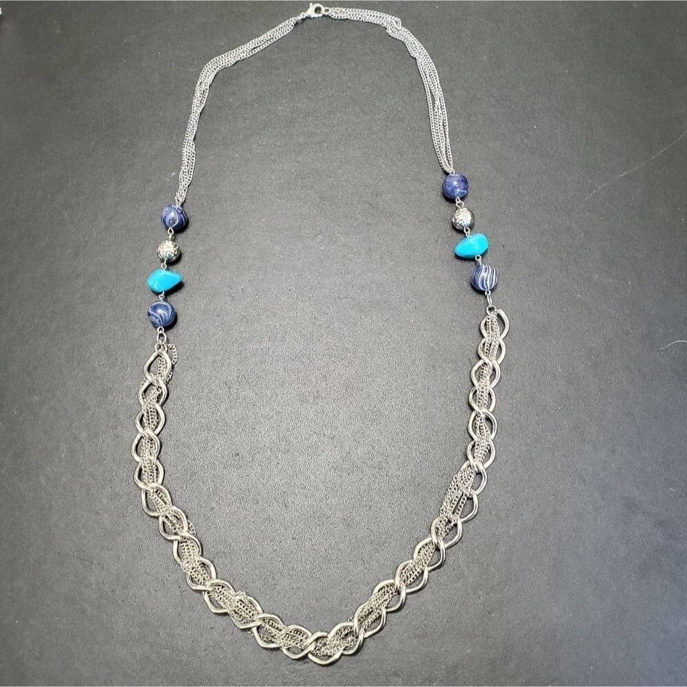 Silver tone necklace with blue beads 34"